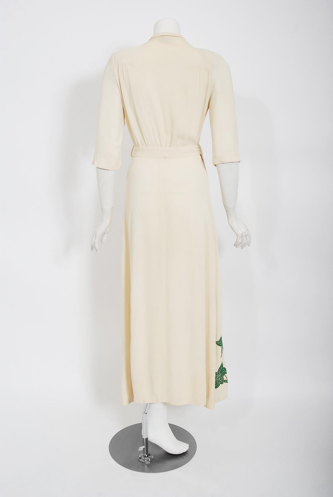 Vintage 1940's Hawaiian Green Leaf Print Ivory Crepe Maxi Belted Wrap Dress Gown 1