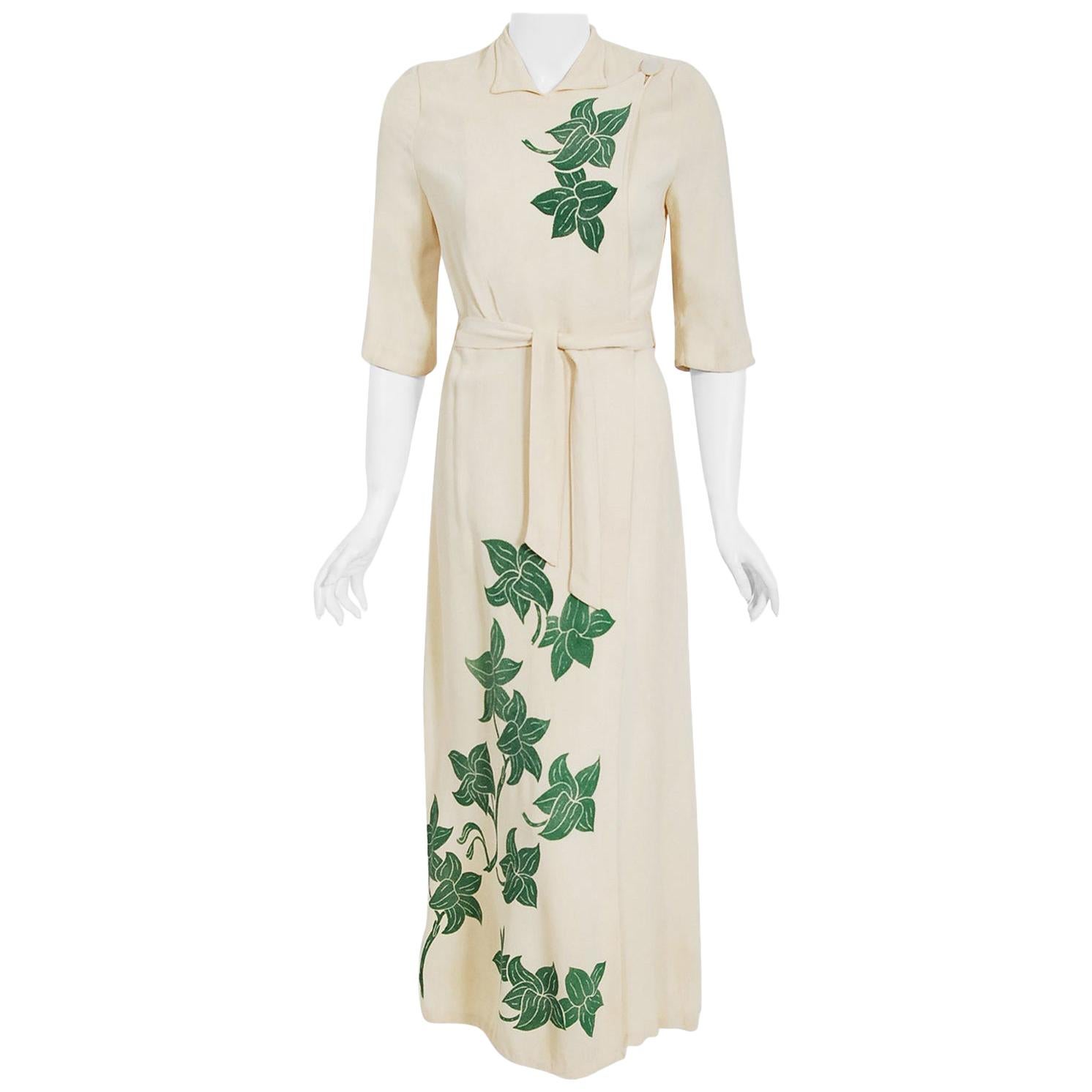 Vintage 1940's Hawaiian Green Leaf Print Ivory Crepe Maxi Belted Wrap Dress Gown