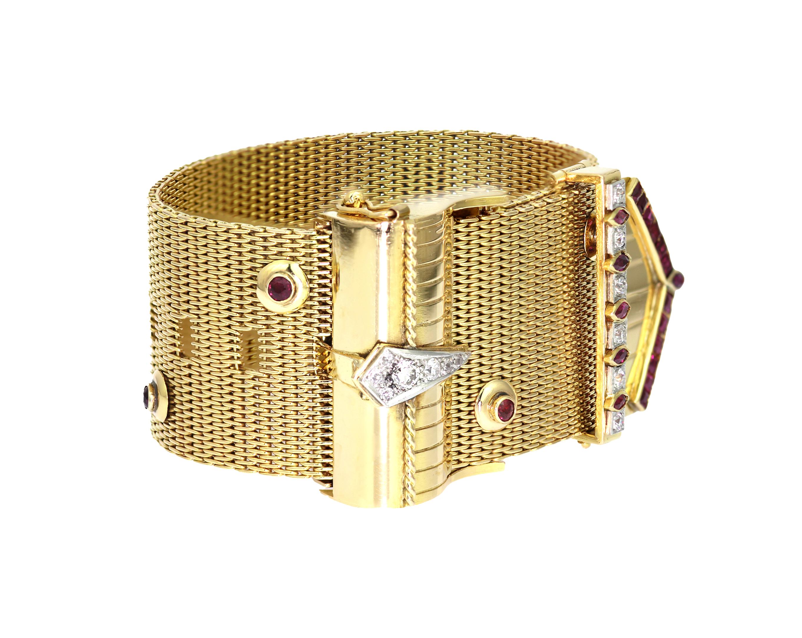 Vintage/Retro-Armband: Aufwändiges Mesh-Schnalle-Design aus 18 Karat Gold, Rubin und Diamant (Alteuropäischer Schliff) im Angebot