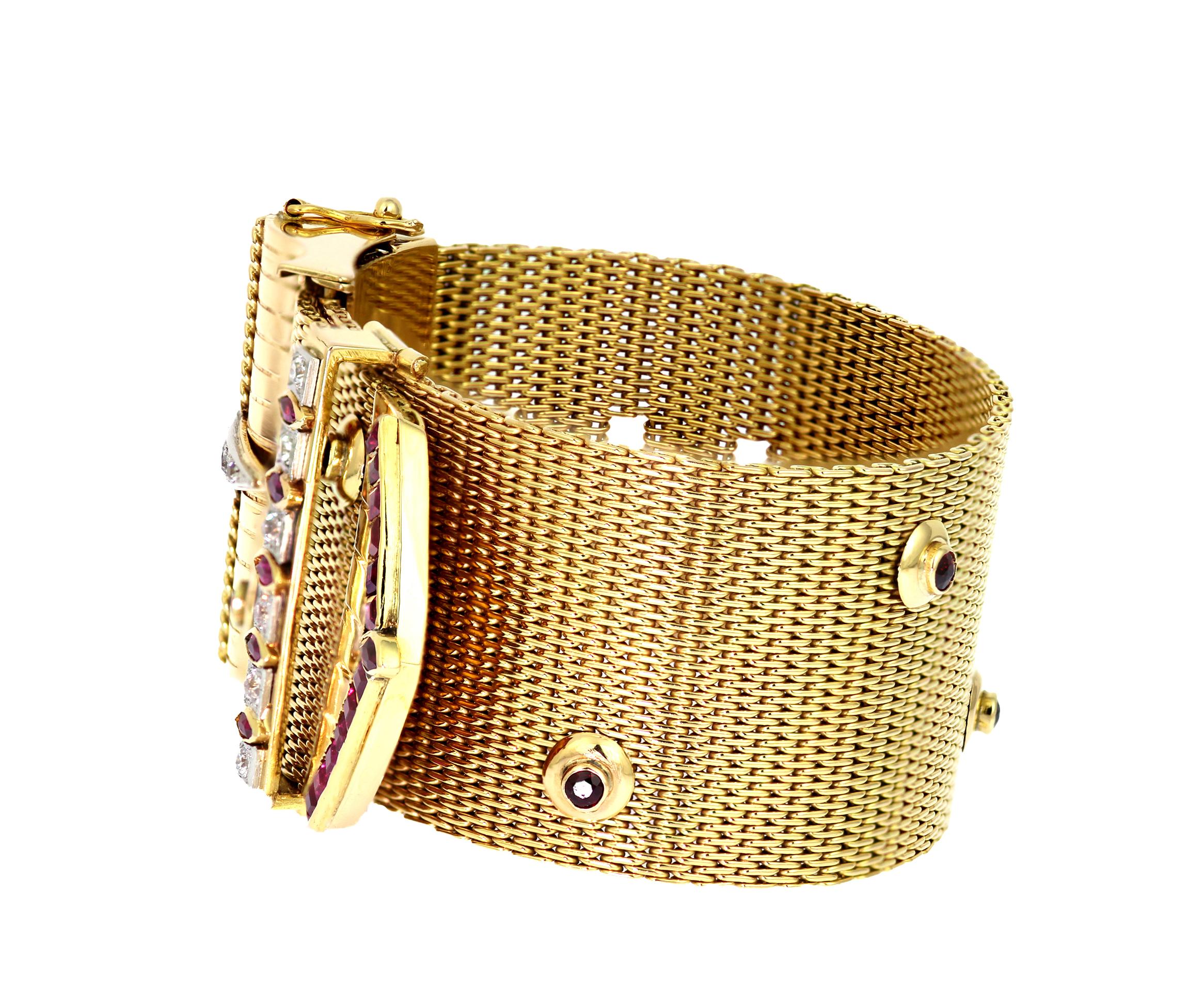 Vintage/Retro-Armband: Aufwändiges Mesh-Schnalle-Design aus 18 Karat Gold, Rubin und Diamant im Zustand „Hervorragend“ im Angebot in London, GB