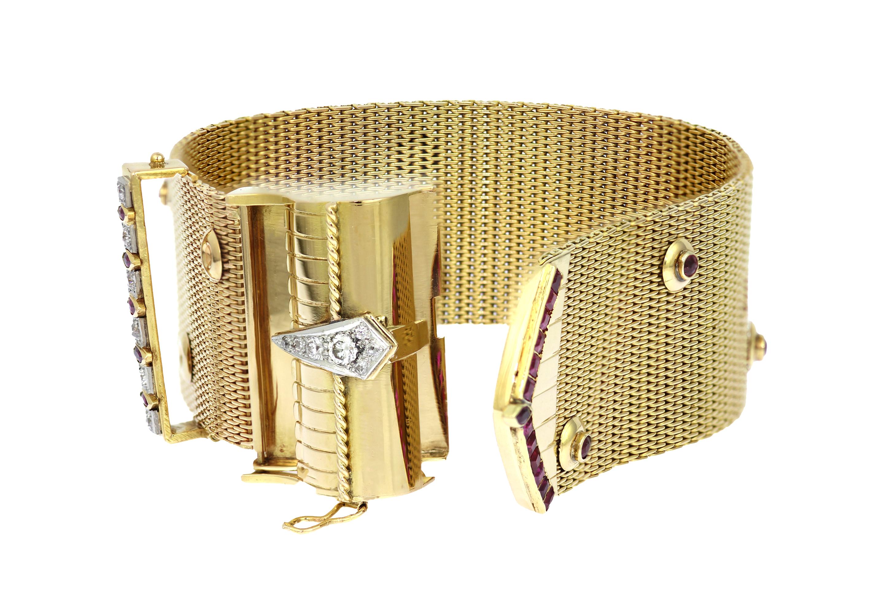 Old European Cut Vintage/Retro Bracelet: Intricate Mesh Buckle Design in 18K Gold, Ruby & Diamond For Sale