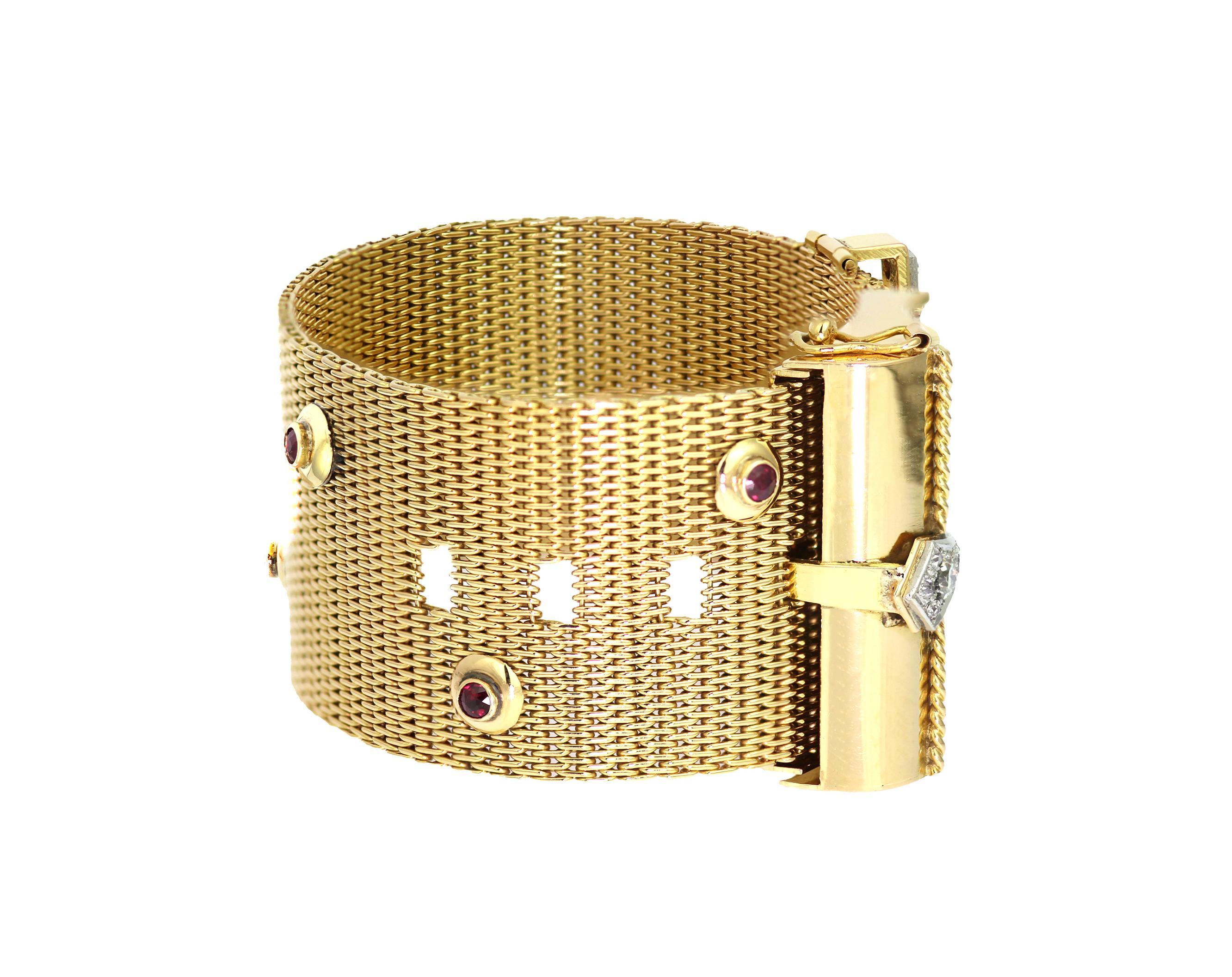 Women's Vintage/Retro Bracelet: Intricate Mesh Buckle Design in 18K Gold, Ruby & Diamond For Sale