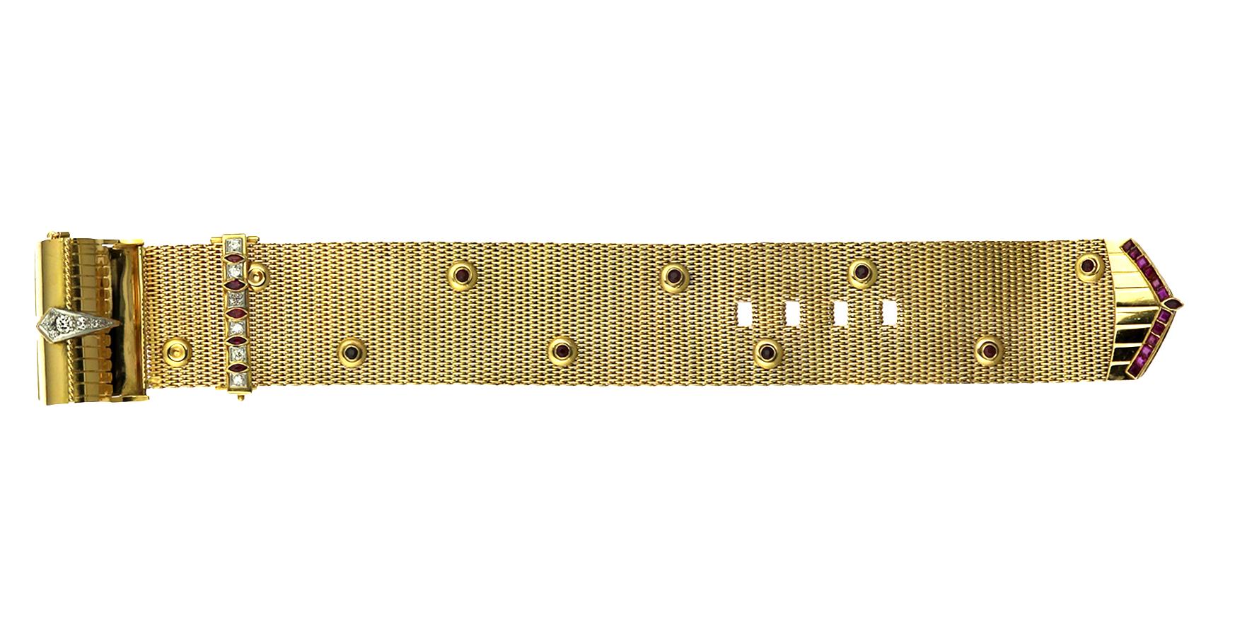 Vintage/Retro-Armband: Aufwändiges Mesh-Schnalle-Design aus 18 Karat Gold, Rubin und Diamant im Angebot 3