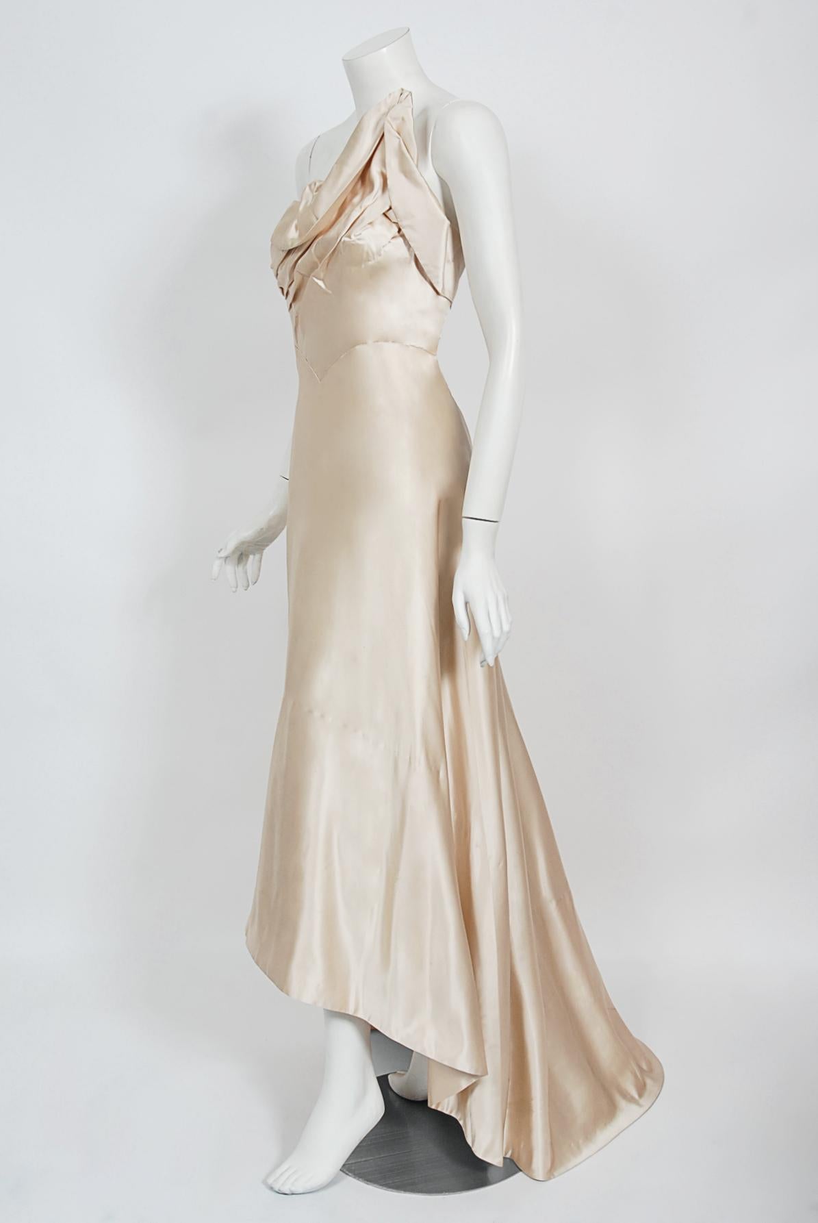 Vintage 1940's Irene Lentz Couture Cream Silk Sculpted Asymmetric Bustier Gown 5