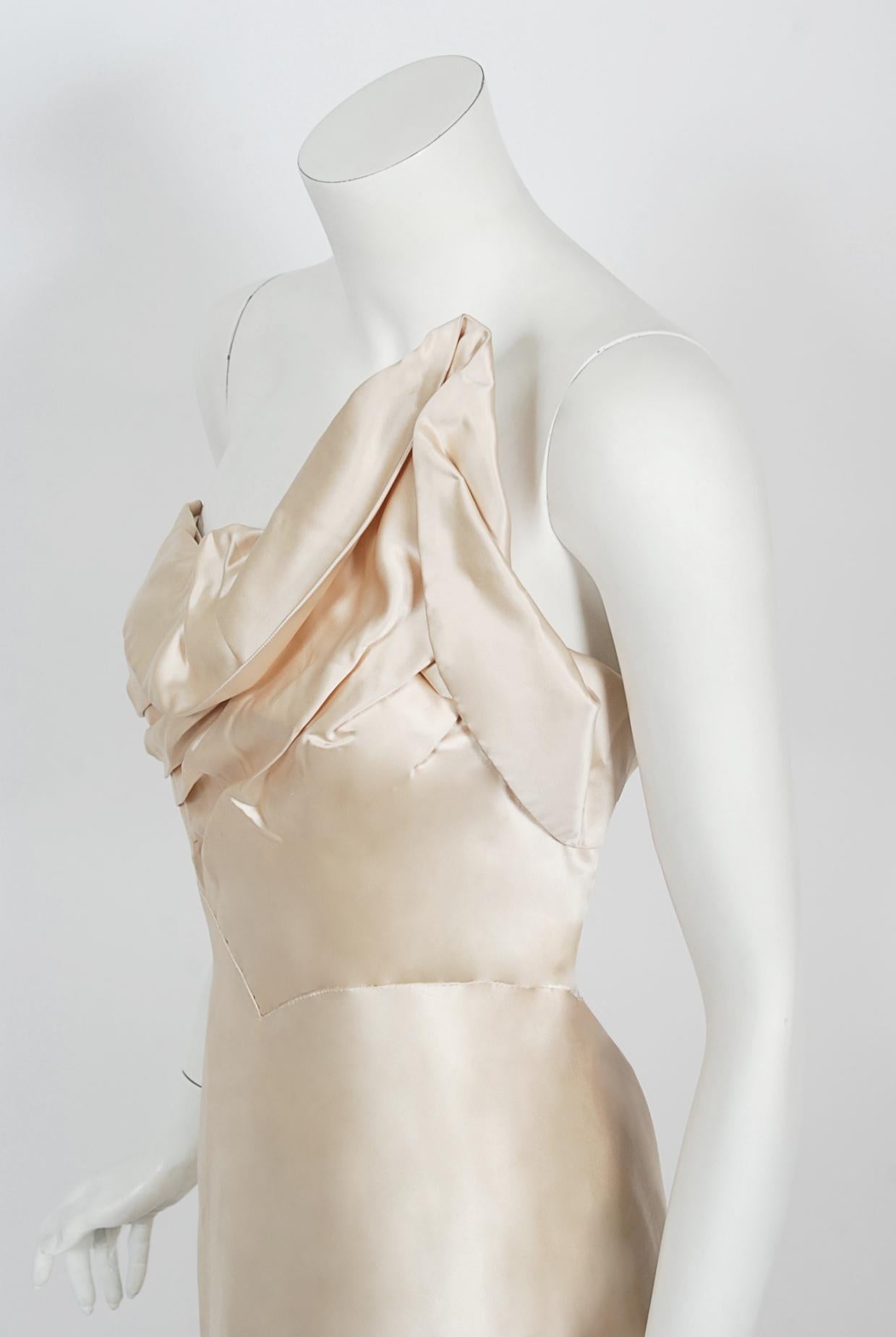 Vintage 1940's Irene Lentz Couture Cream Silk Sculpted Asymmetric Bustier Gown 6