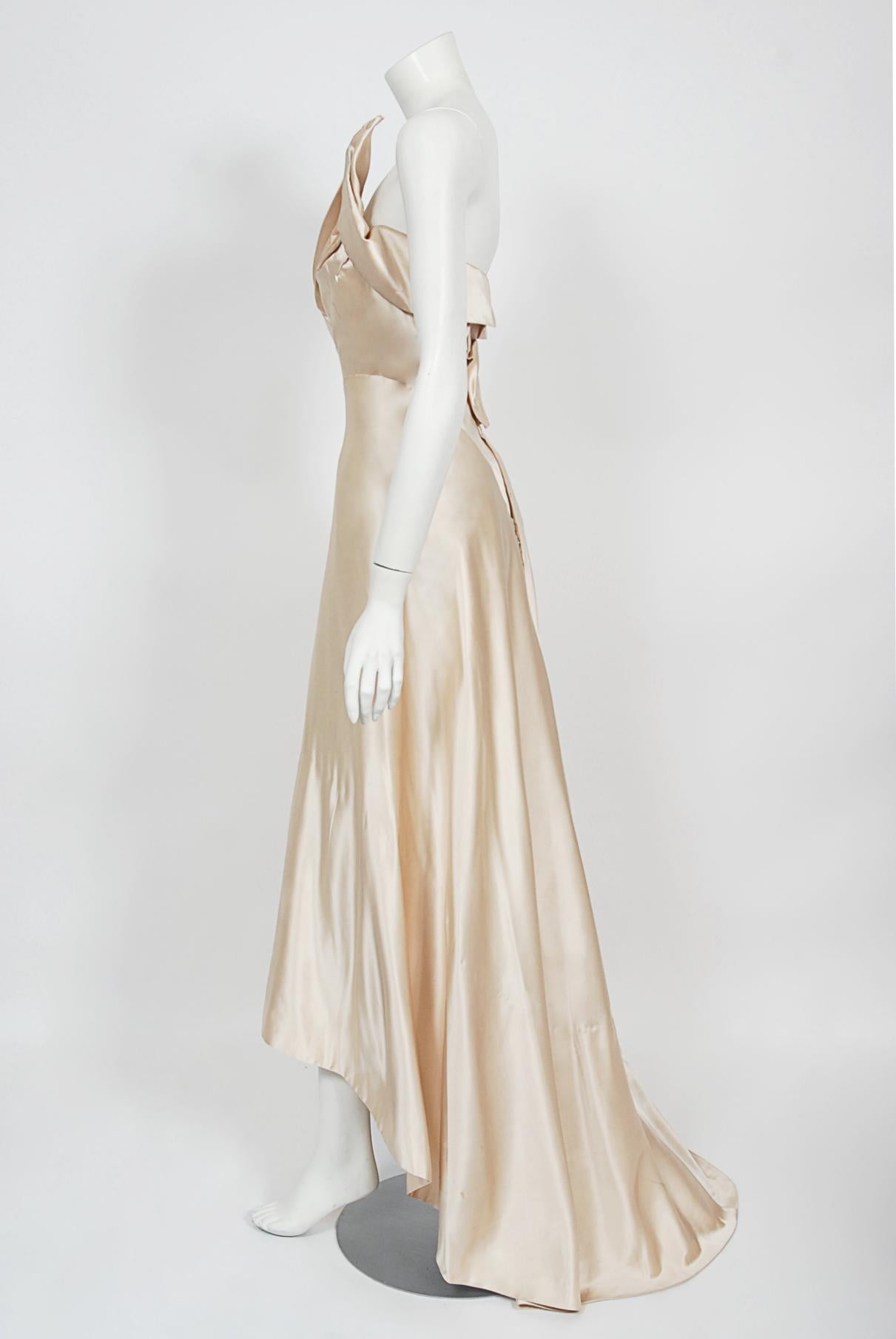 Vintage 1940's Irene Lentz Couture Cream Silk Sculpted Asymmetric Bustier Gown 8