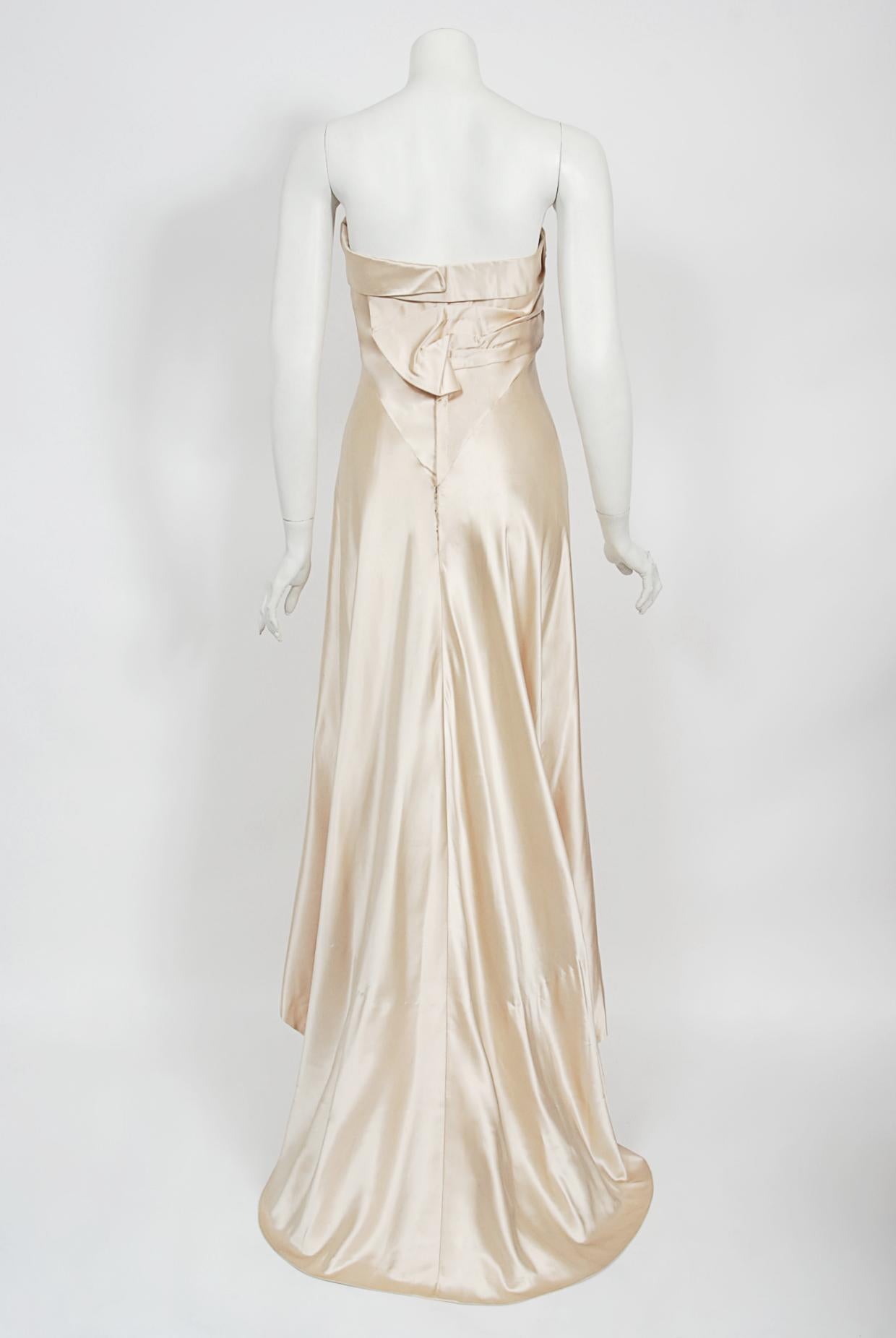 Vintage 1940's Irene Lentz Couture Cream Silk Sculpted Asymmetric Bustier Gown 10