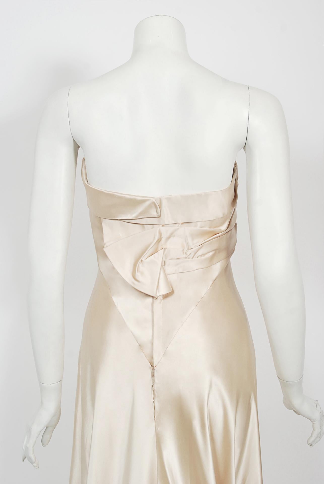Vintage 1940's Irene Lentz Couture Cream Silk Sculpted Asymmetric Bustier Gown 11
