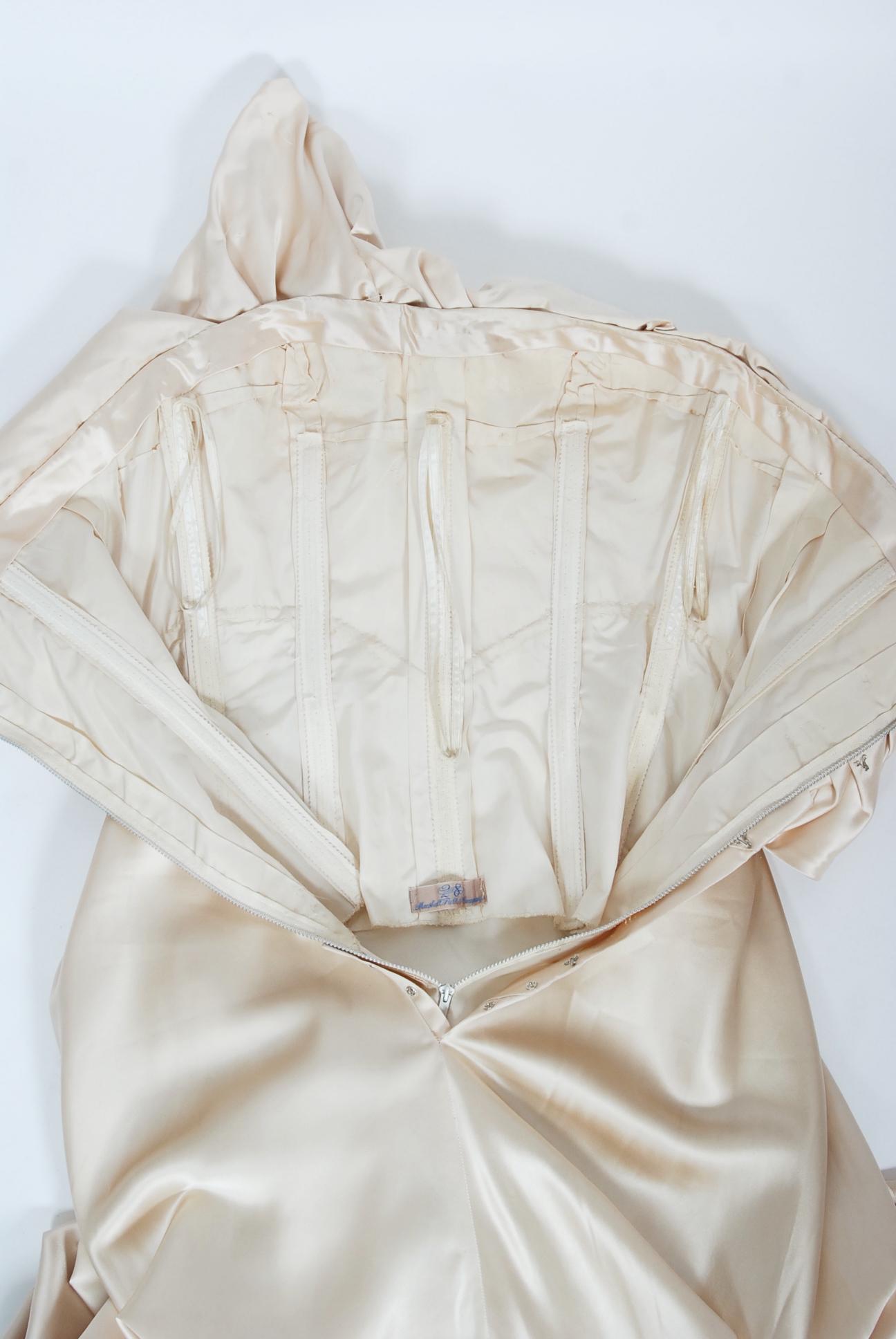 Vintage 1940's Irene Lentz Couture Cream Silk Sculpted Asymmetric Bustier Gown 12