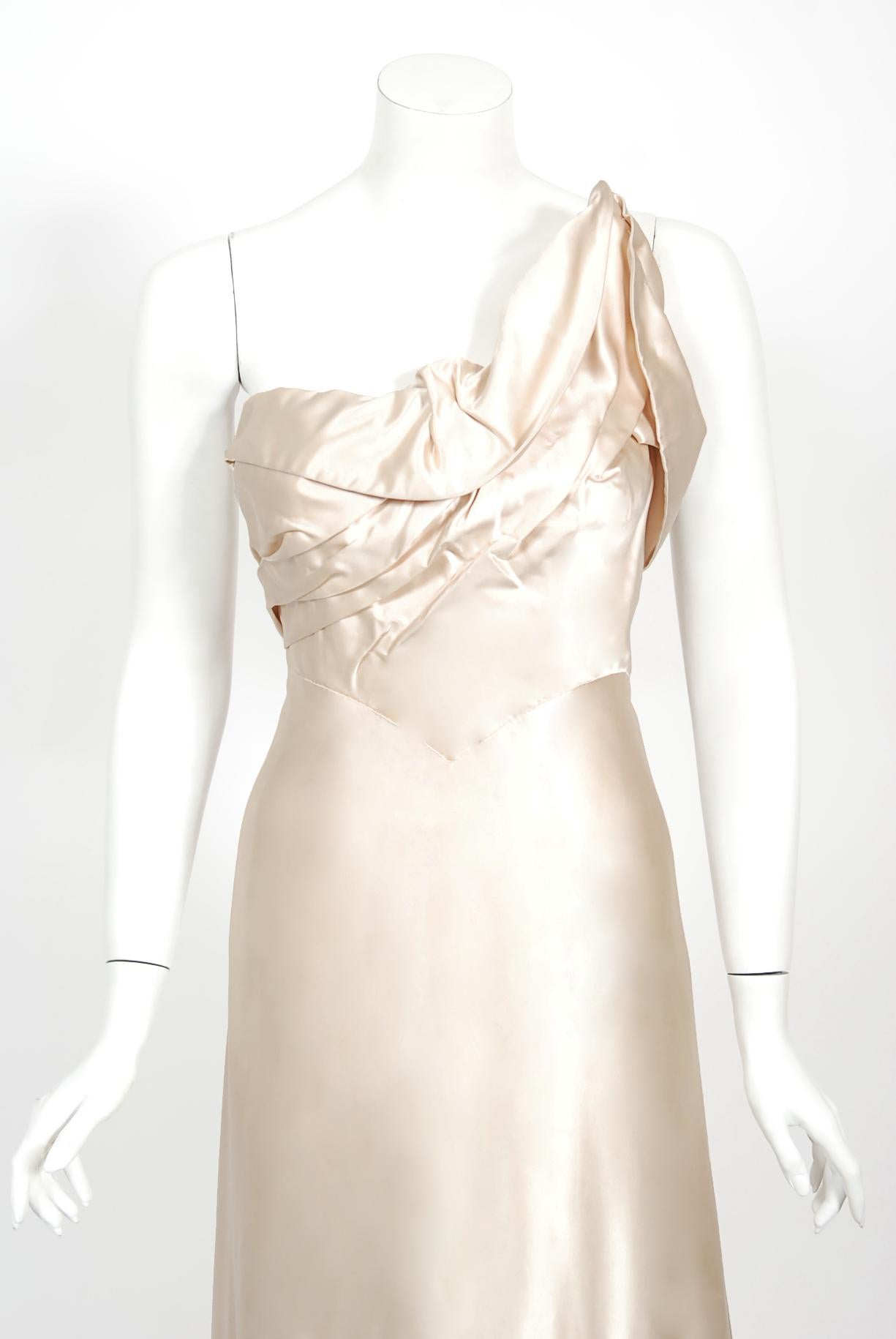 Vintage 1940's Irene Lentz Couture Cream Silk Sculpted Asymmetric Bustier Gown In Good Condition In Beverly Hills, CA