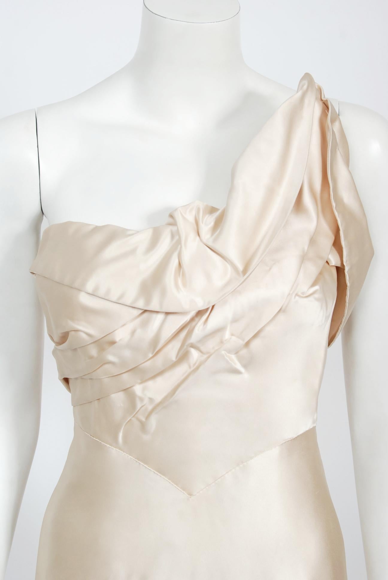 Women's Vintage 1940's Irene Lentz Couture Cream Silk Sculpted Asymmetric Bustier Gown