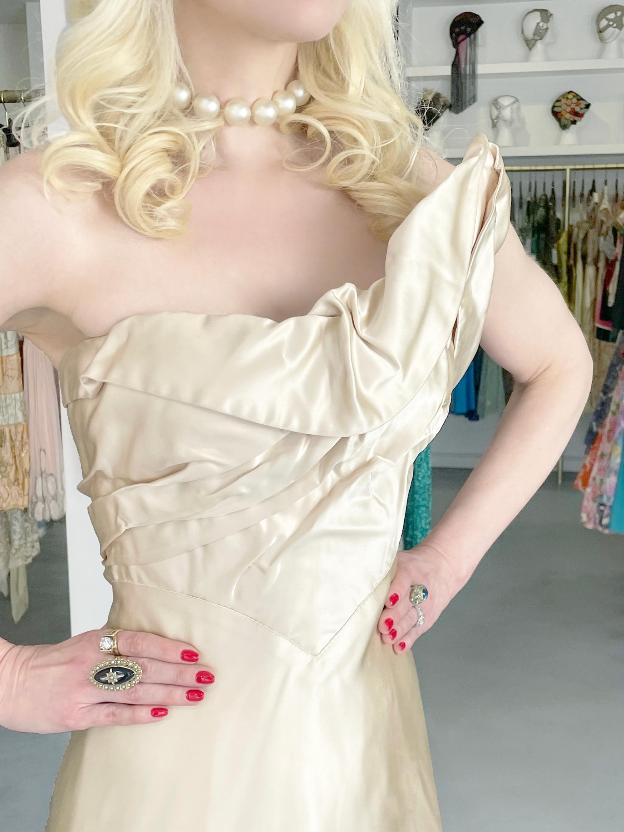 Vintage 1940's Irene Lentz Couture Cream Silk Sculpted Asymmetric Bustier Gown 2