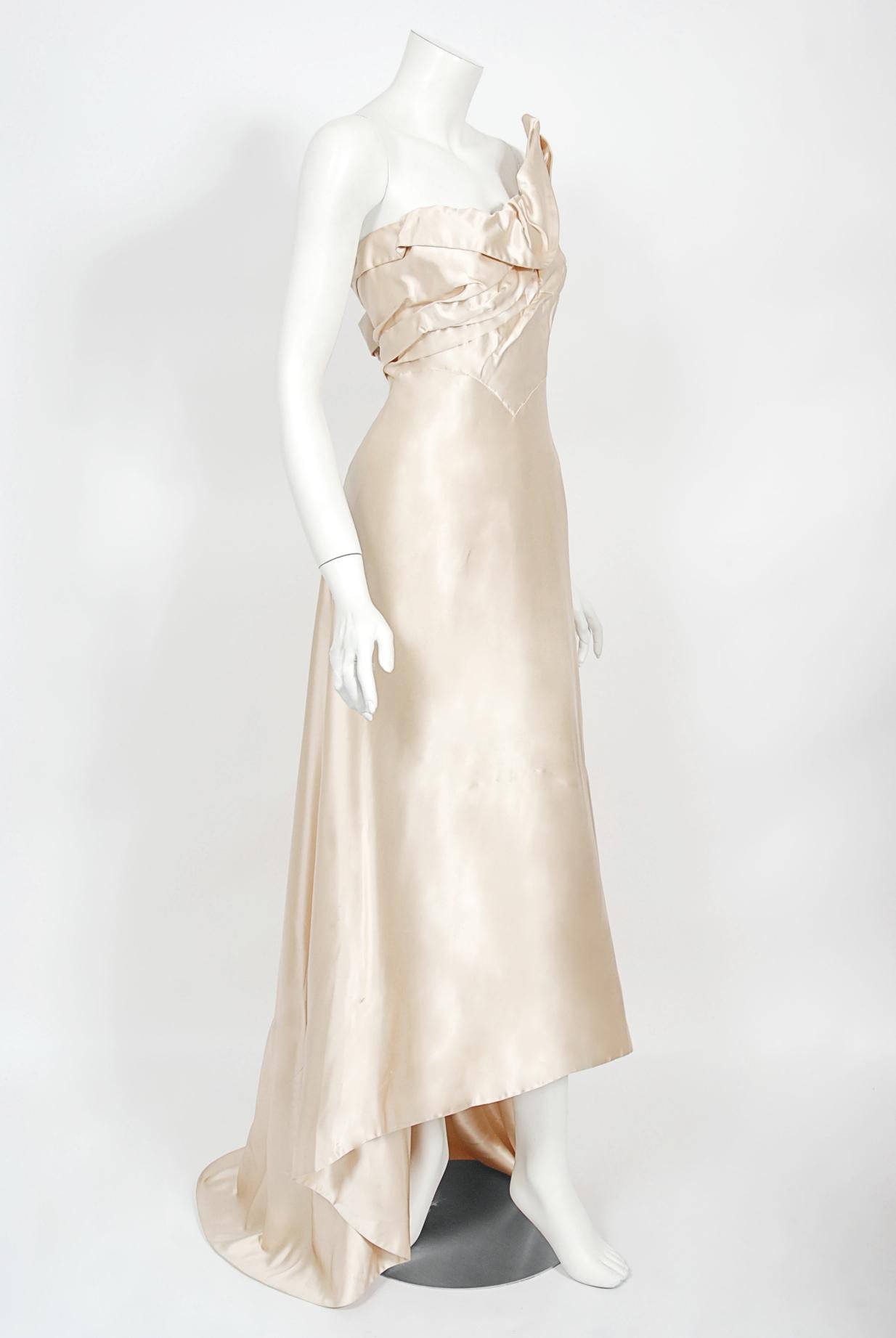 Vintage 1940's Irene Lentz Couture Cream Silk Sculpted Asymmetric Bustier Gown 3