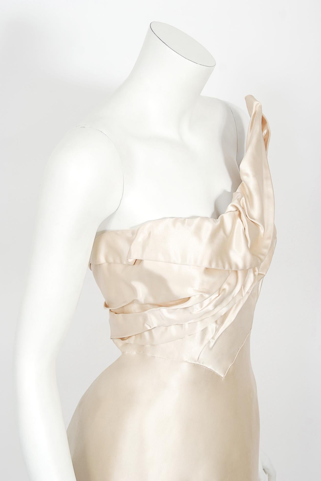 Vintage 1940's Irene Lentz Couture Cream Silk Sculpted Asymmetric Bustier Gown 4