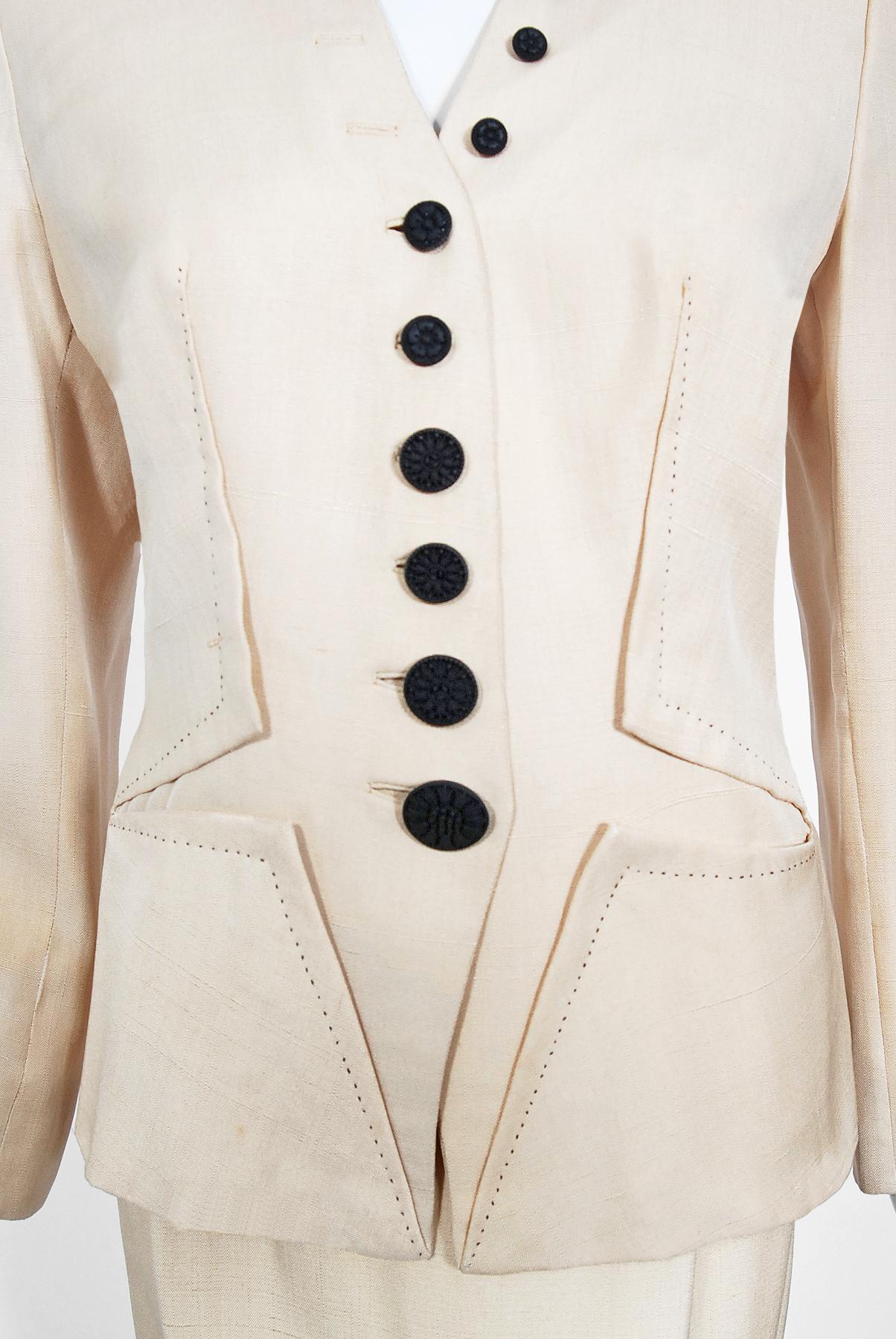 Beige Vintage 1940's Irene Lentz Cream Silk Gradient Buttons Deco-Star Jacket Suit  