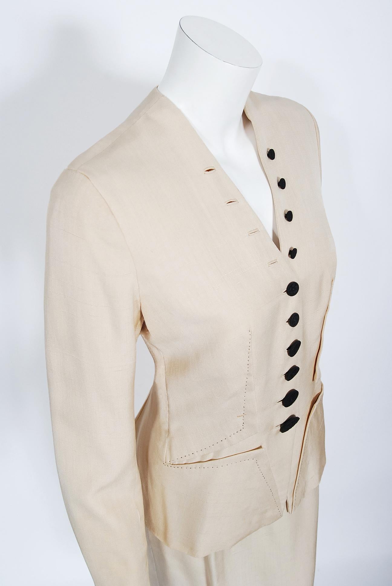 Vintage 1940's Irene Lentz Cream Silk Gradient Buttons Deco-Star Jacket Suit   1