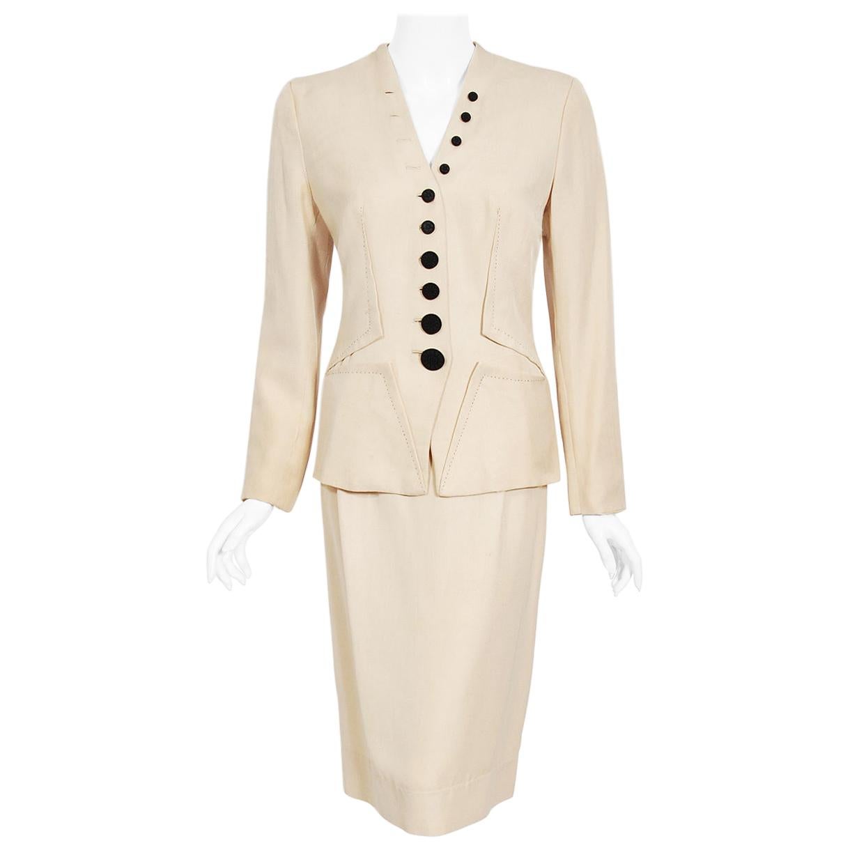 Vintage 1940's Irene Lentz Cream Silk Gradient Buttons Deco-Star Jacket Suit  