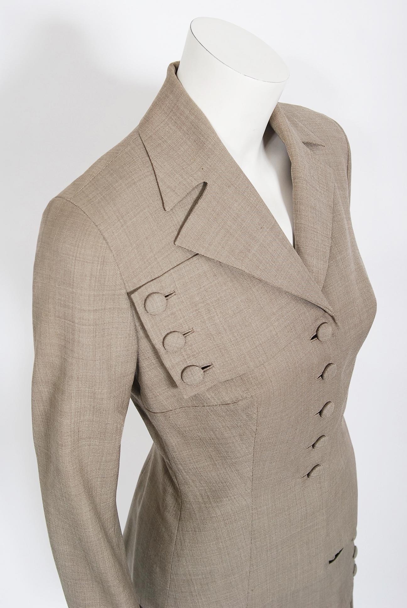 Vintage 1940's Irene Lentz Oatmeal Gabardine Asymmetric Pleated-Skirt Noir Suit In Good Condition In Beverly Hills, CA