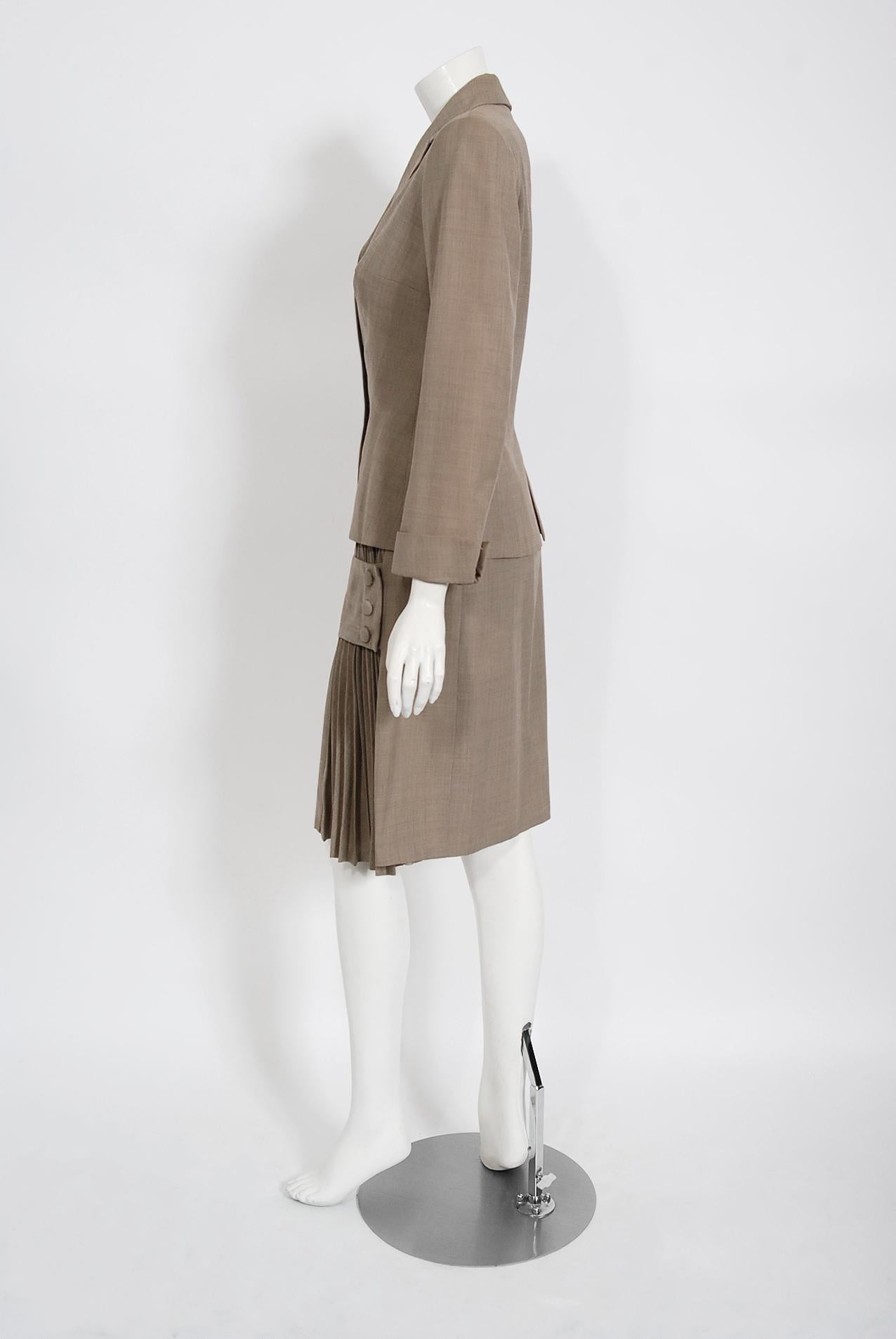 Women's Vintage 1940's Irene Lentz Oatmeal Gabardine Asymmetric Pleated-Skirt Noir Suit