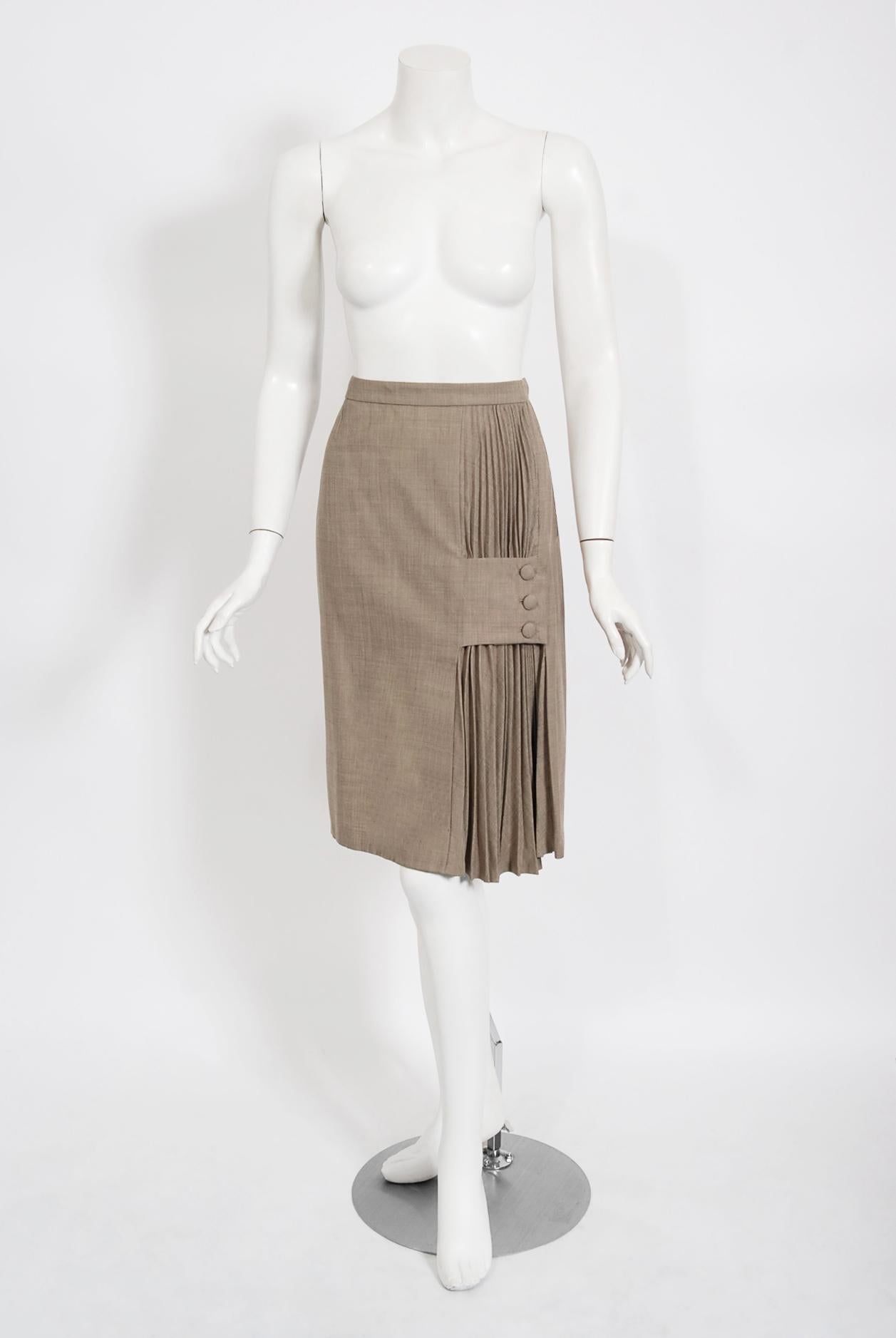 Vintage 1940's Irene Lentz Oatmeal Gabardine Asymmetric Pleated-Skirt Noir Suit 1