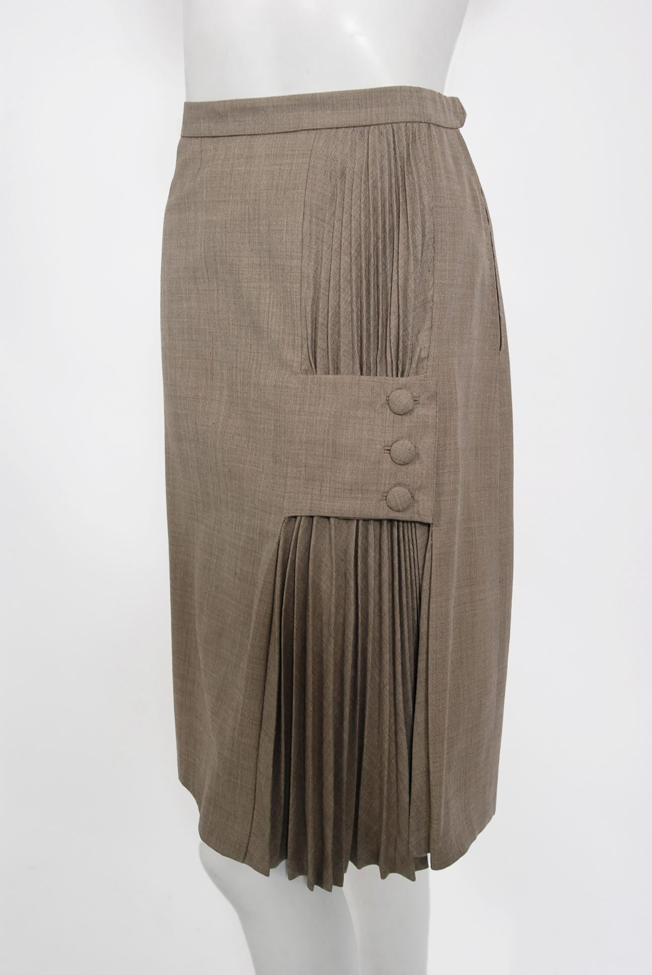 Vintage 1940's Irene Lentz Oatmeal Gabardine Asymmetric Pleated-Skirt Noir Suit 2