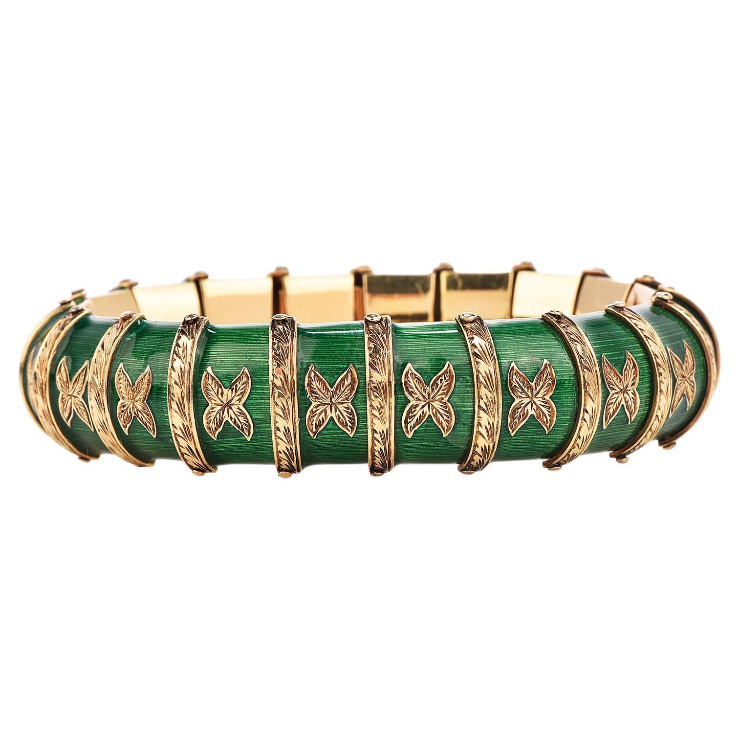 Vintage 1940's Italian  Green Enamel 18k Gold Snake Bracelet For Sale