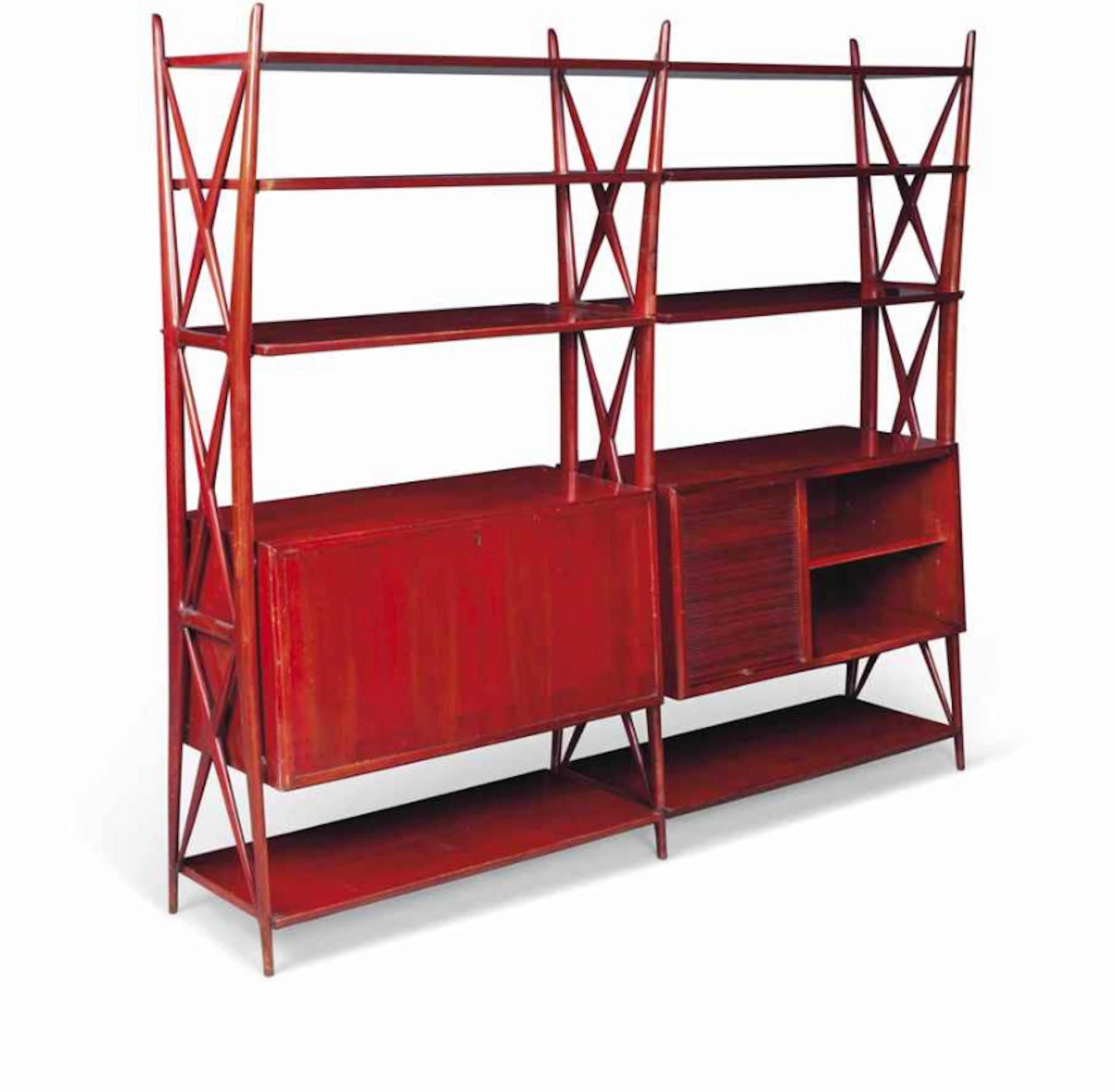 Vintage 1940s Italian Red Lacquered Wall Unit by Silvio Cavatorta 5