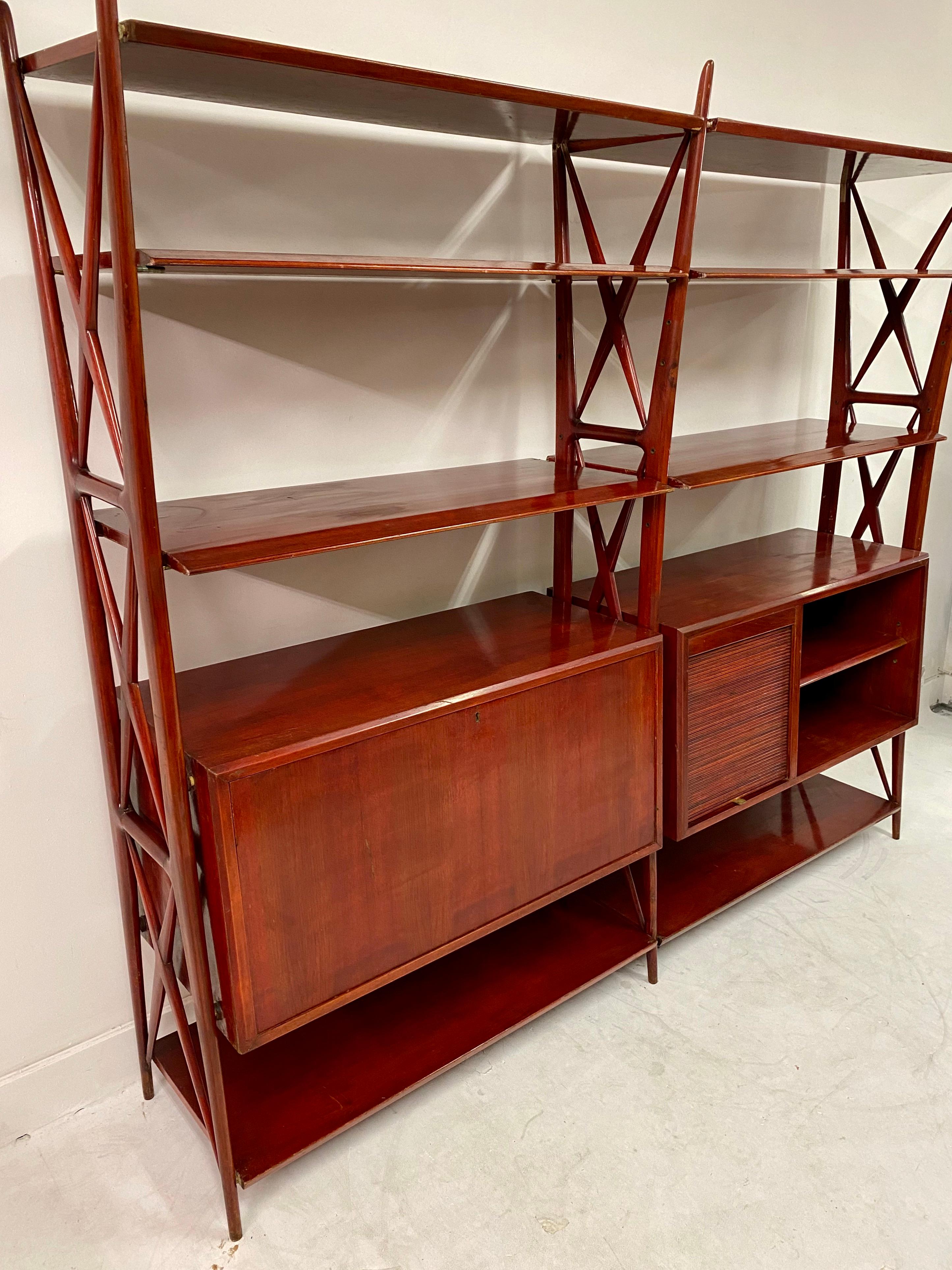 Walnut Vintage 1940s Italian Red Lacquered Wall Unit by Silvio Cavatorta