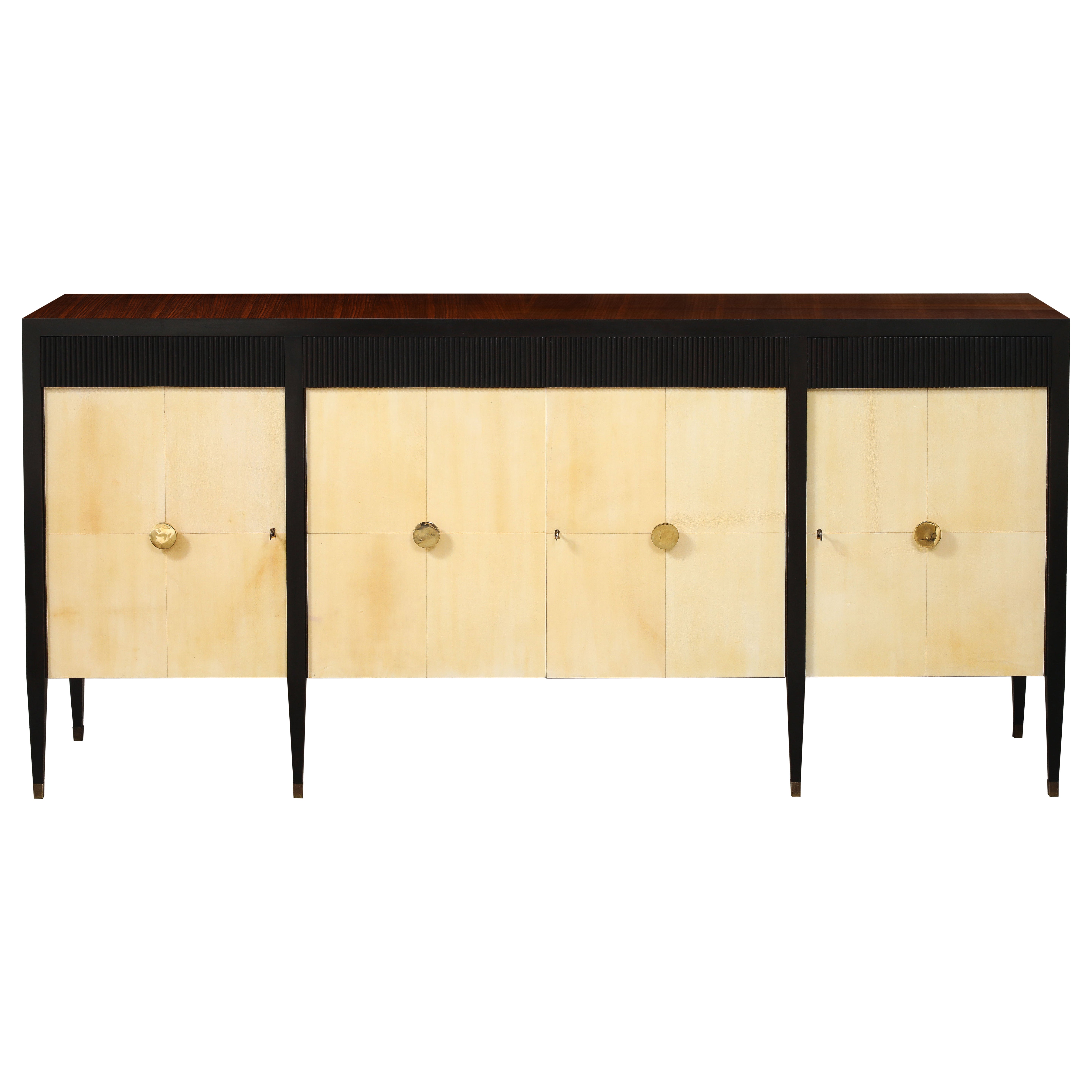 Vintage 1940er Italienisches Sideboard aus Palisander und Pergament mit Messinggriffen im Angebot