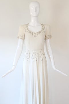 Vintage 1940's Ivory Crepe Silk & Rhinestone Evening Gown US 4 UK 8