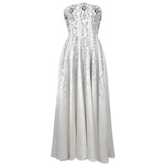 Vintage 1940's Ivory Embroidered Rhinestone Beadwork Satin Strapless Bridal Gown