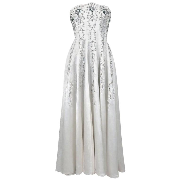 Vintage 1940's Ivory Embroidered Rhinestone Beadwork Satin Strapless Bridal Gown For Sale