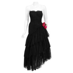 Vintage 1940's Jeanne Lanvin Haute-Couture Black Lace Strapless Asymmetric Gown