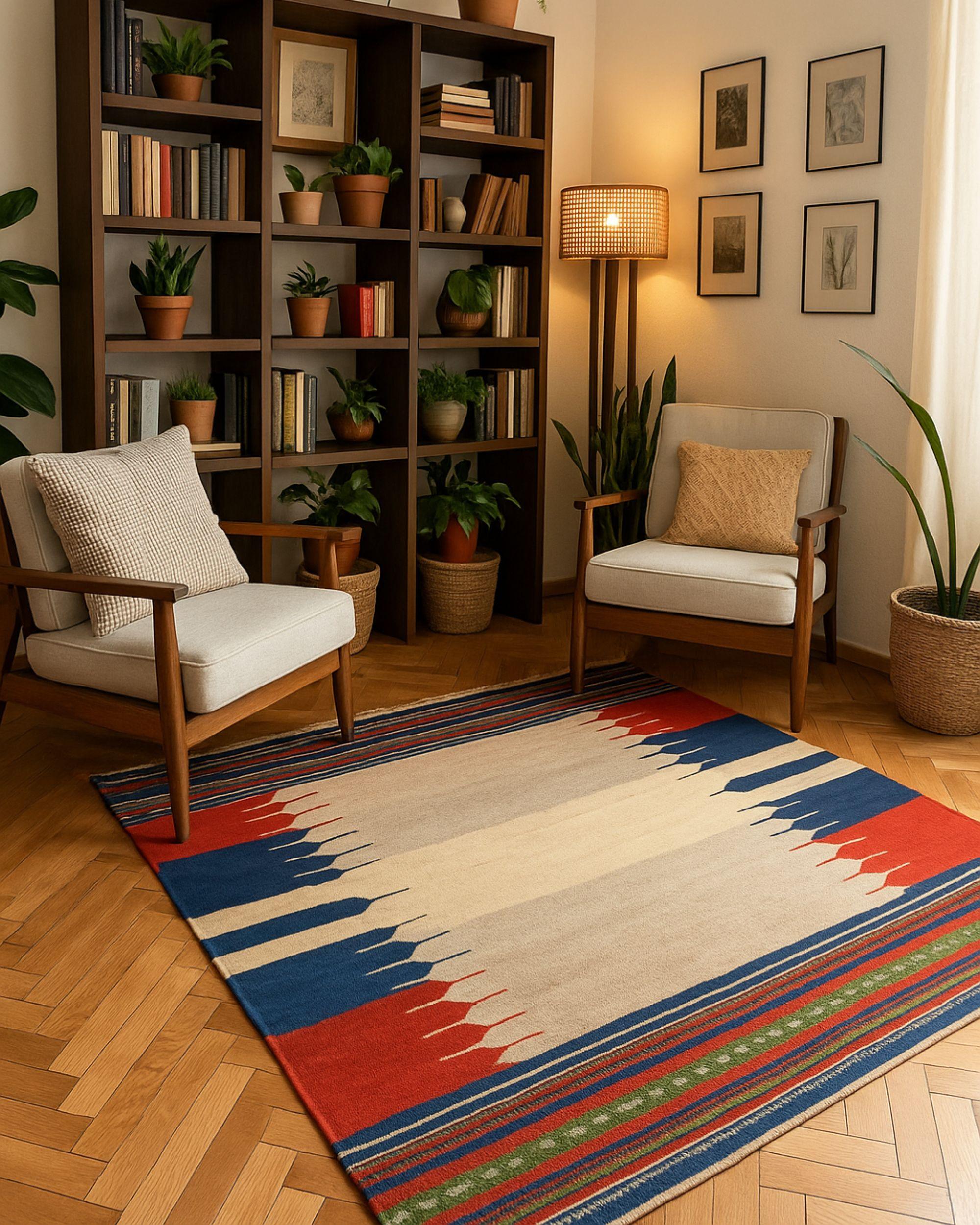 Vintage 1940s Kilim Sofreh Teppich, Beige Blau Rot Tribal Wolle Flachgewebe 128x116cm im Angebot 3