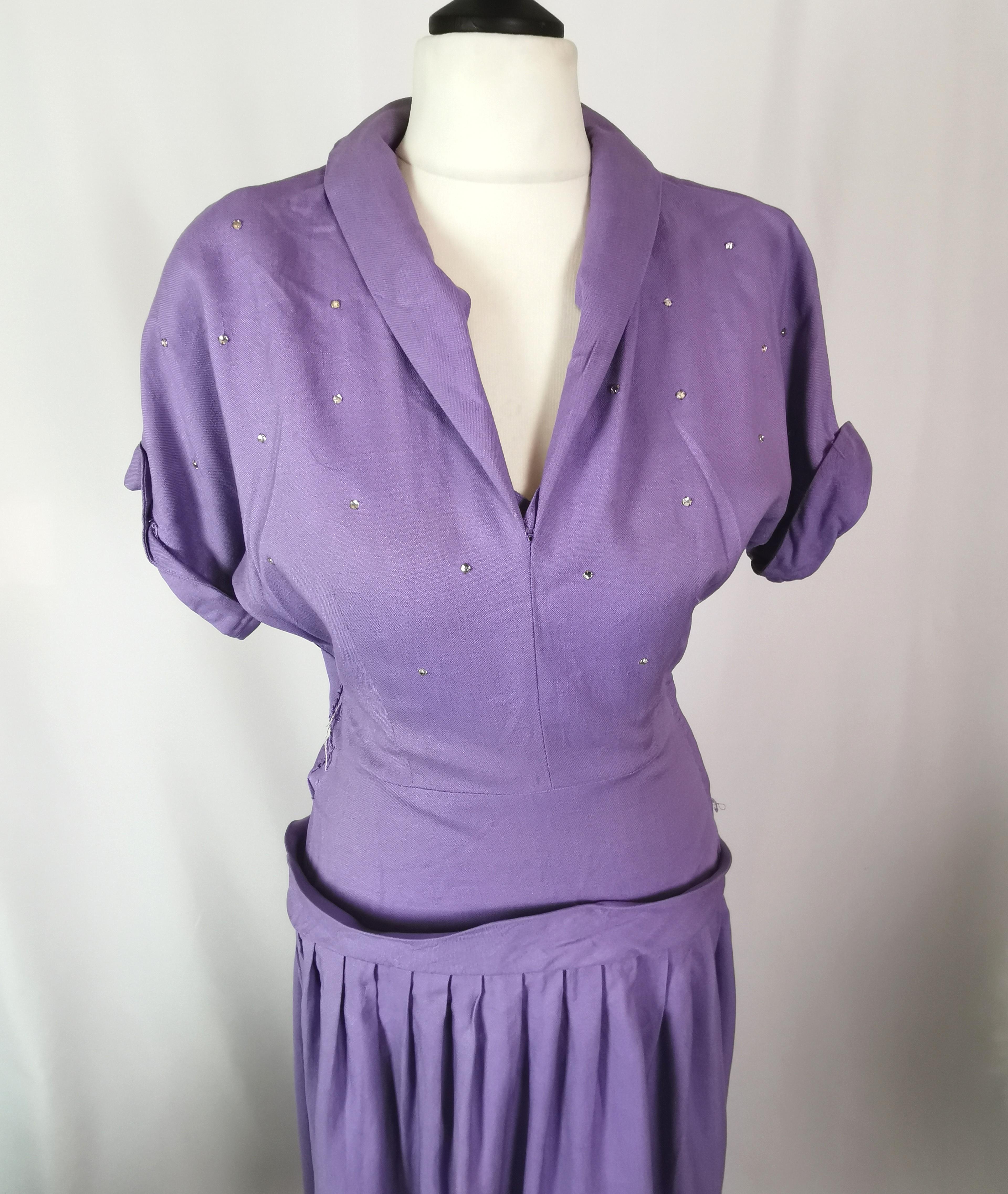 Women's Vintage 1940s ladies lilac dress, Diamante  For Sale