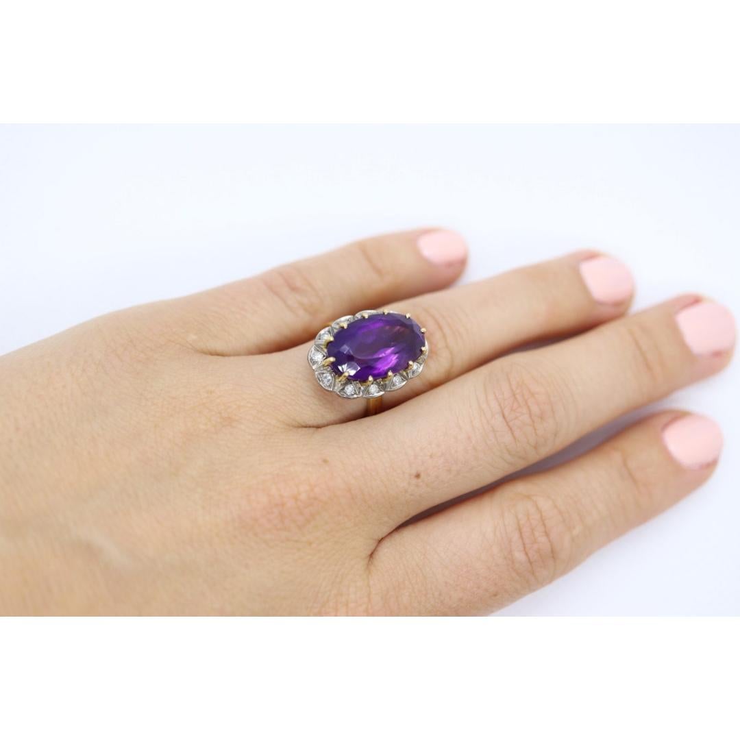 Vintage from the 1940s
Size: 6 1/2 US
Materials: Stone
Gemstone: Amethyst
Gem color: Purple
Band color: Gold

Style: Art deco

We are privileged to sell this rare piece. It has been stored most of its life. Do not miss out.

Excellent condition