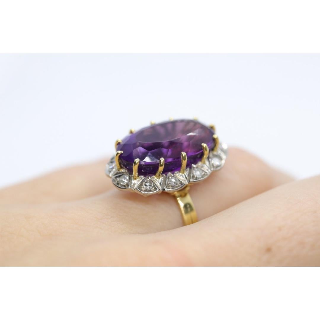 Vintage 1940s Large Amethyst and Diamond Handmade 18k Yellow White Gold Ring In Good Condition For Sale In Port Charlotte, FL