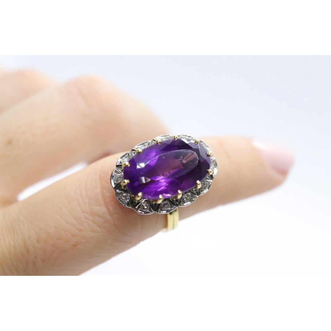Women's Vintage 1940s Large Amethyst and Diamond Handmade 18k Yellow White Gold Ring For Sale