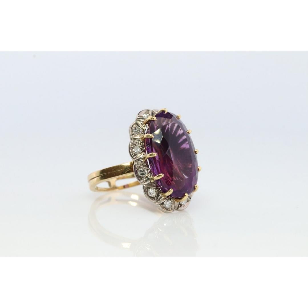 Vintage 1940s Large Amethyst and Diamond Handmade 18k Yellow White Gold Ring For Sale 2