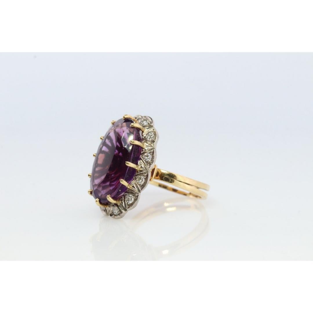 Vintage 1940s Large Amethyst and Diamond Handmade 18k Yellow White Gold Ring For Sale 5