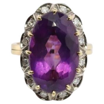 Vintage 1940s Large Amethyst and Diamond Handmade 18k Yellow White Gold Ring For Sale