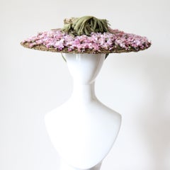 Vintage 1940's Lilac Flower Open Crown Straw Hat Jay Thorpe