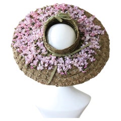 Vintage 1940's Lilac Flower Open Crown Straw Hat Jay Thorpe