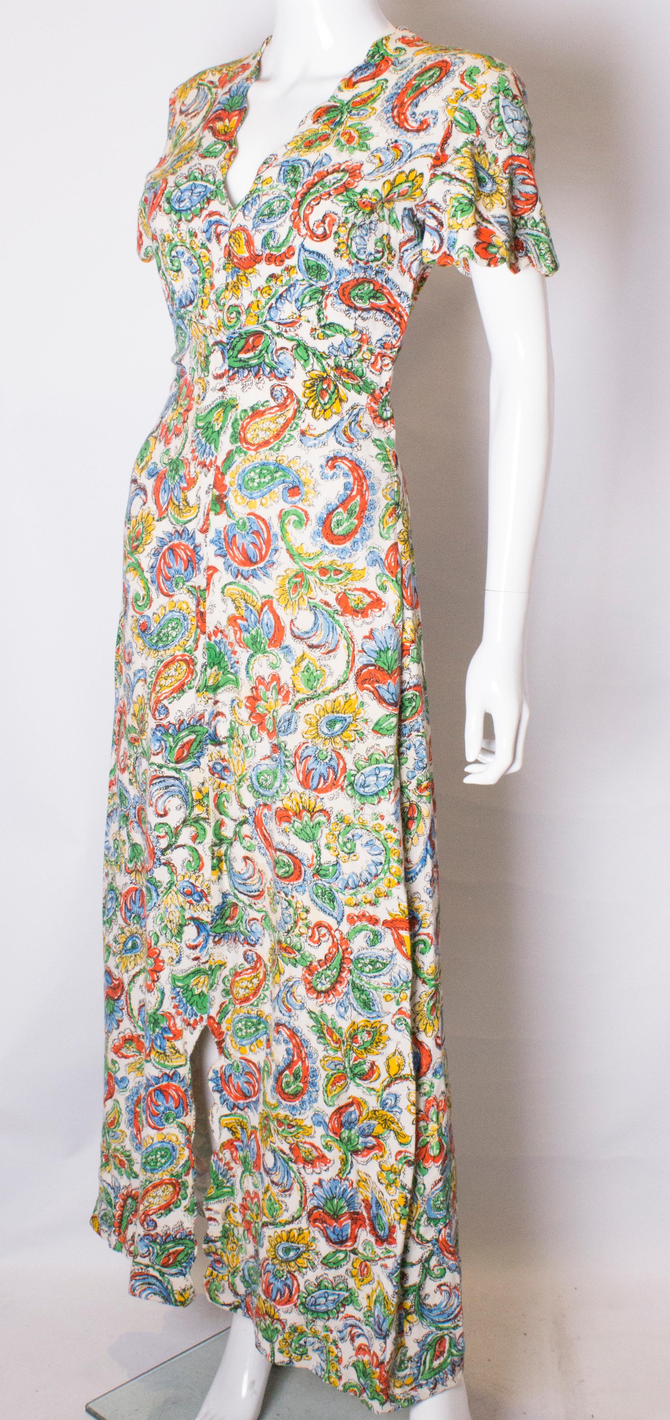 Vintage 1940s Linen Print Dress In Good Condition In London, GB