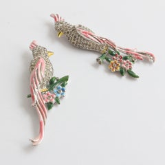 Vintage 1940's  Love Bird Rhinestones & Enamel Dress Clips