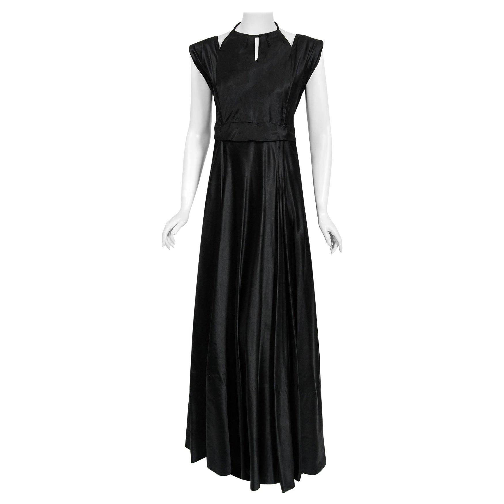 Marcelle Dormoy French Couture - Robe vintage avec découpes dans le dos et découpes en soie noire, années 1940 en vente