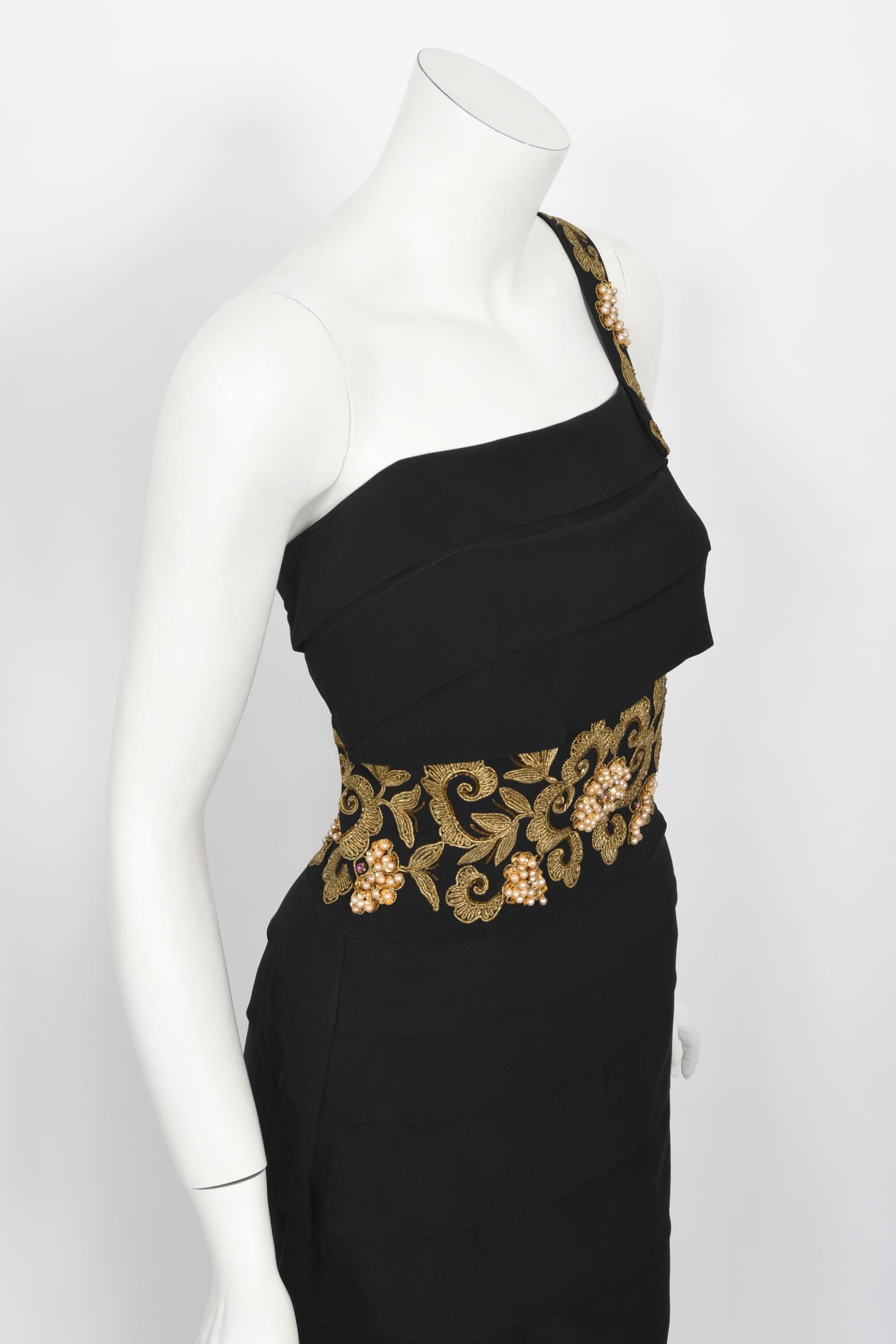 Vintage 1940s Metallic Gold Embroidered Beaded Black Crepe Tiered Hourglass Gown 7