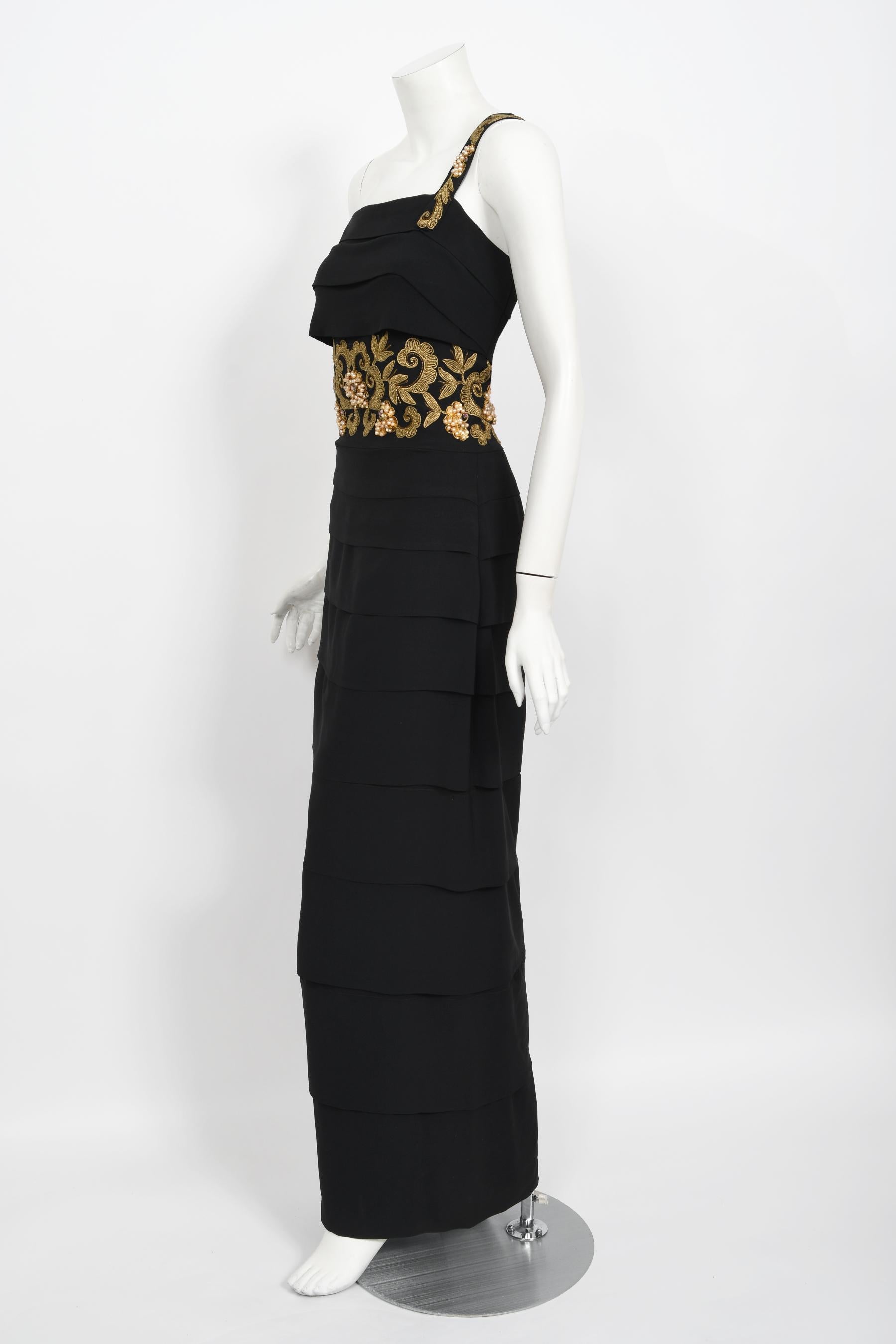Vintage 1940s Metallic Gold Embroidered Beaded Black Crepe Tiered Hourglass Gown 2