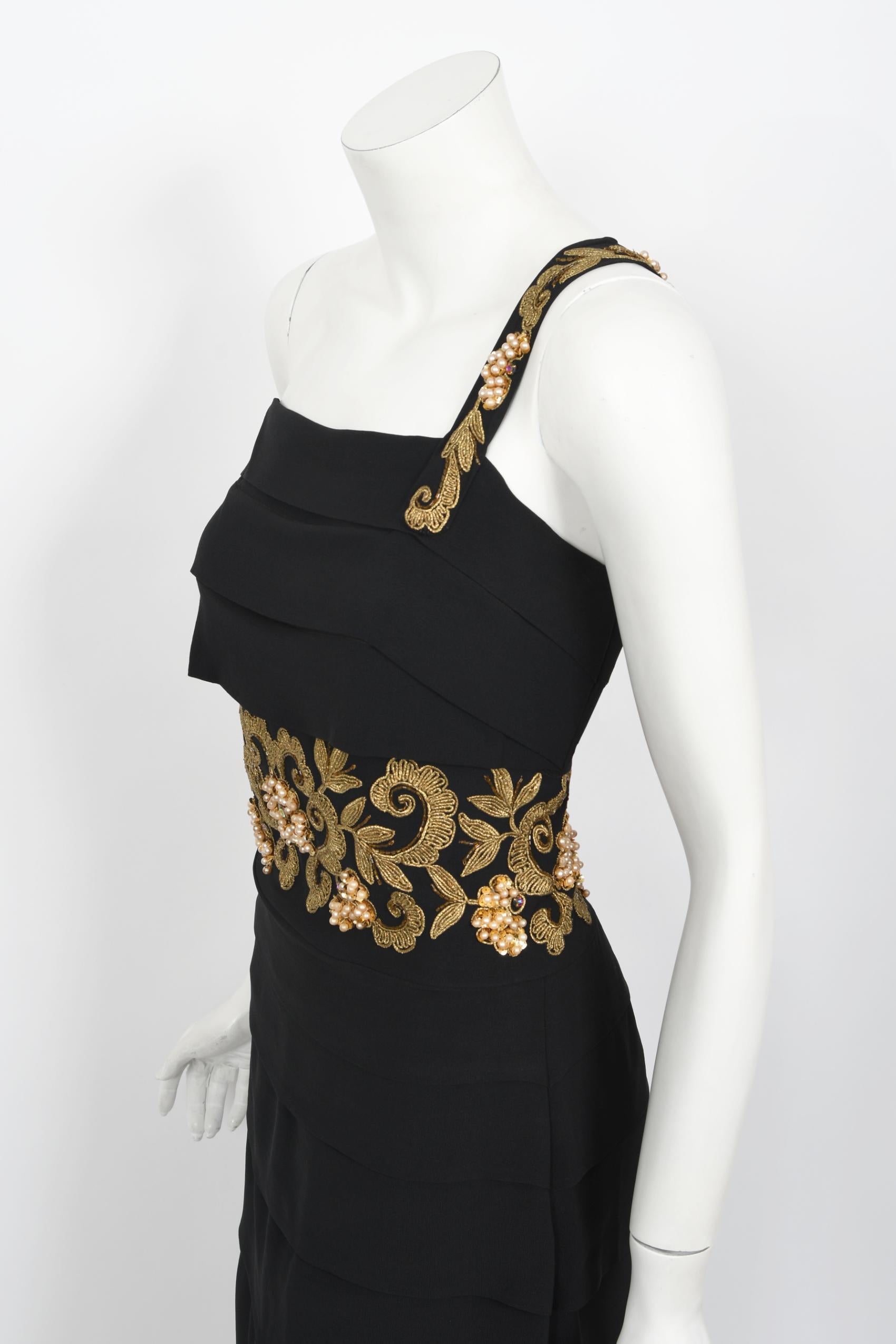 Vintage 1940s Metallic Gold Embroidered Beaded Black Crepe Tiered Hourglass Gown 3