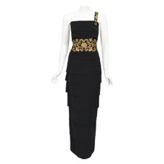 Vintage 1940s Metallic Gold Embroidered Beaded Black Crepe Tiered Hourglass Gown